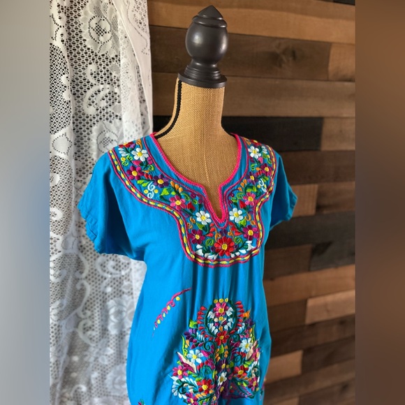 Blue Authentic Mexican Flower Embroidered Short Sleeve Midi Dress One Size - Picture 9 of 9